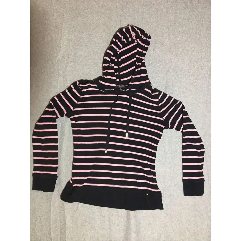 Womens Lauren Ralph Lauren Hoodie Size Small Pink Black Striped Y2K 2000s goth